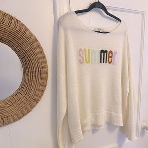 LOFT Cream Summer graphic lightweight knit sweater.